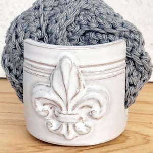 Fleur De Lis Sponge Holder Handmade Ceramic Pottery Stripes White Glaze