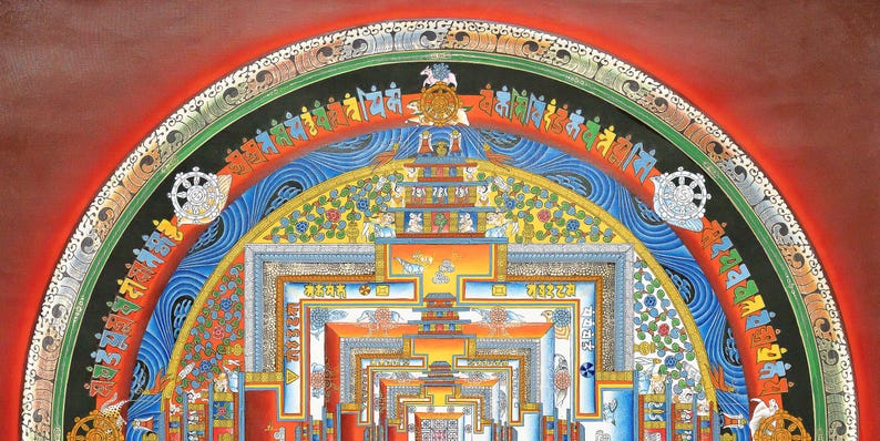 K&ouml;nnte beinhalten: Eine detaillierte, farbenfrohe Illustration eines buddhistischen Mandalas. Das Kunstwerk zeigt konzentrische Schichten geometrischer Formen, Figuren und Symbole mit einer lebendigen Palette aus Rot-, Blau-, Gelb- und Gr&uuml;nt&ouml;nen. Das Design ist symmetrisch und komplex, mit einem spirituellen Thema.