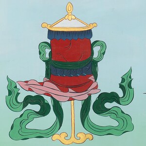 May include: A vibrant illustration of a Tibetan prayer wheel. The central red cylinder is decorated with blue and green details, supported by a gold stand, and surrounded by flowing green and pink decorative elements. The background is a light blue.