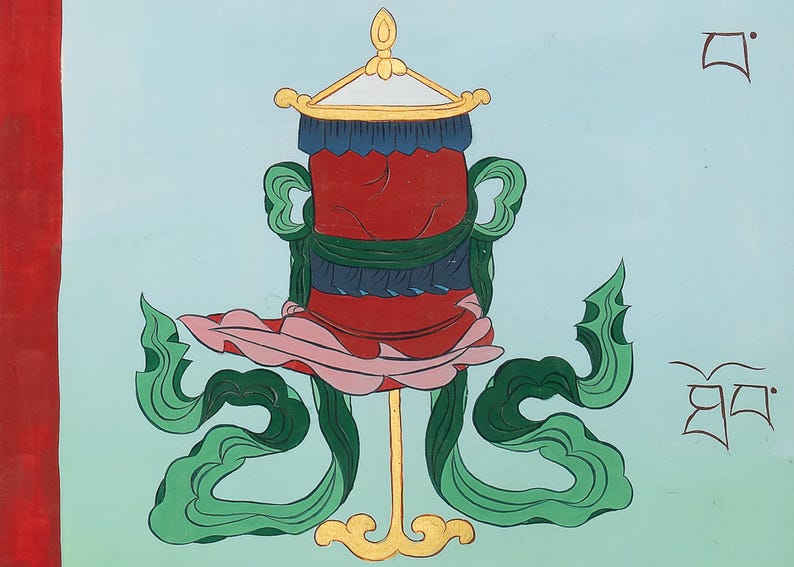 May include: A vibrant illustration of a Tibetan prayer wheel. The central red cylinder is decorated with blue and green details, supported by a gold stand, and surrounded by flowing green and pink decorative elements. The background is a light blue.