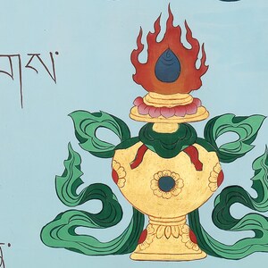 May include: A detailed painting of a golden vessel with red, green, and blue accents. The vessel is adorned with a flame-like design at the top and surrounded by stylized green leaves. The background is a light blue.