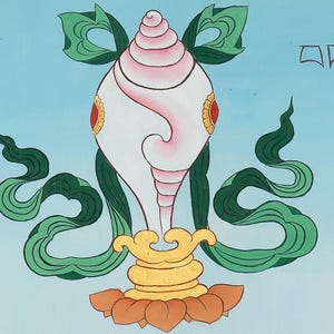 May include: A vibrant painting depicting a conch shell, a Buddhist symbol. The shell is white with pink details, set on a gold base with a lotus flower. Green, stylized leaves and script are also present against a light blue backdrop.