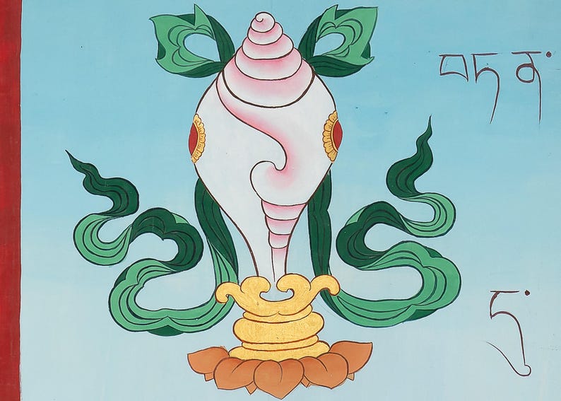 May include: A vibrant painting depicting a conch shell, a Buddhist symbol. The shell is white with pink details, set on a gold base with a lotus flower. Green, stylized leaves and script are also present against a light blue backdrop.