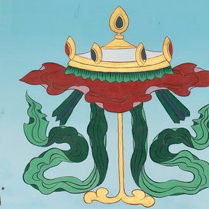 May include: A vibrant illustration of a Tibetan parasol, featuring a gold crown, red and green floral motifs, and green ribbons against a light blue backdrop. The artwork is likely part of a larger cultural or religious context, with traditional design elements.