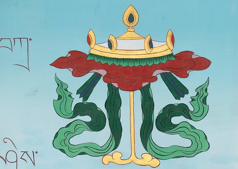 May include: A vibrant illustration of a Tibetan parasol, featuring a gold crown, red and green floral motifs, and green ribbons against a light blue backdrop. The artwork is likely part of a larger cultural or religious context, with traditional design elements.