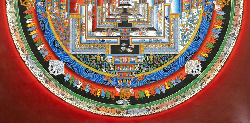 K&ouml;nnte beinhalten: Detaillierte, farbenfrohe Illustration eines Mandalas mit konzentrischen Kreisen und geometrischen Mustern. Das Design enth&auml;lt rote, blaue, gr&uuml;ne und goldene Farbt&ouml;ne mit komplizierten Details und symbolischen Bildern. Spirituelles oder meditatives Thema.