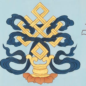 May include: A detailed painting featuring a gold Endless Knot symbol, intertwined with blue ribbons, set against a light blue background. The symbol rests on a gold pedestal with a lotus base, and a red border on the left.