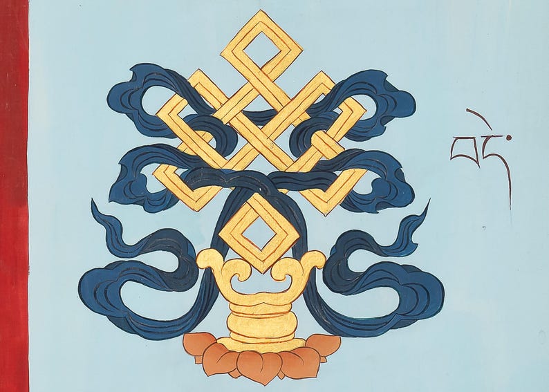 May include: A detailed painting featuring a gold Endless Knot symbol, intertwined with blue ribbons, set against a light blue background. The symbol rests on a gold pedestal with a lotus base, and a red border on the left.
