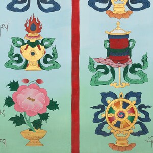 May include: A vibrant painting depicting Tibetan Buddhist symbols. It showcases a golden vase with flames, a red and gold container, a pink flower in a golden vase, and a multi-coloured wheel. The background is light blue.
