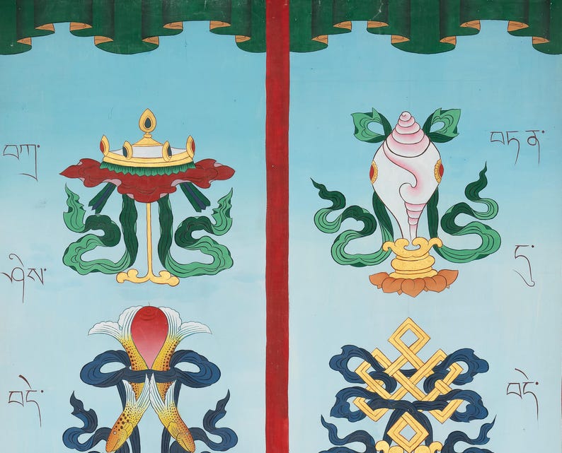 May include: A vibrant painting depicting four Tibetan Buddhist symbols on a light blue backdrop. The symbols are a crown, a conch shell, a lotus flower, and an endless knot, all rendered with intricate detail and vivid colours.