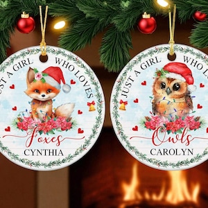 Just A Girl Who Loves Owls Foxes Ornament 2025, Personalized Owl Christmas Gift, Custom Name Ceramic Keepsake for Owl Lovers Girls