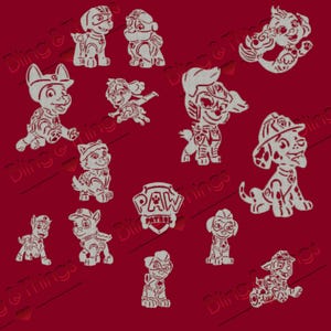 May include: A deep red background featuring a collection of white, glittery Paw Patrol character silhouettes and the Paw Patrol shield logo. The design includes various puppies in different poses, with the text Bling & Things repeated across the surface.
