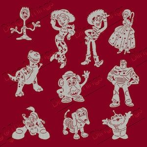 May include: A collection of nine light grey character silhouettes arranged on a dark red background. The figures include a spork, a cowgirl, a cowboy, a shepherdess, a dinosaur, a potato-shaped character, a space ranger, a horse, and an alien.