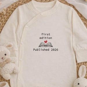 First Edition Published 2026 Embroidered Baby Bodysuit, Book Lover Newborn Outfit, Minimal Line Art Design, Soft Cotton Baby Gift
