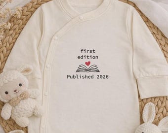 First Edition Published 2026 Embroidered Baby Bodysuit, Book Lover Newborn Outfit, Minimal Line Art Design, Soft Cotton Baby Gift