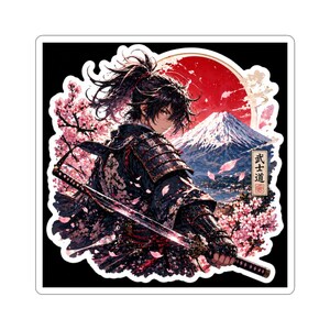 May include: A sticker featuring a detailed illustration of a samurai warrior in traditional armor, holding a katana. The background includes Mount Fuji, a red sun, and cherry blossoms. The Japanese text "Bushido" is also present.