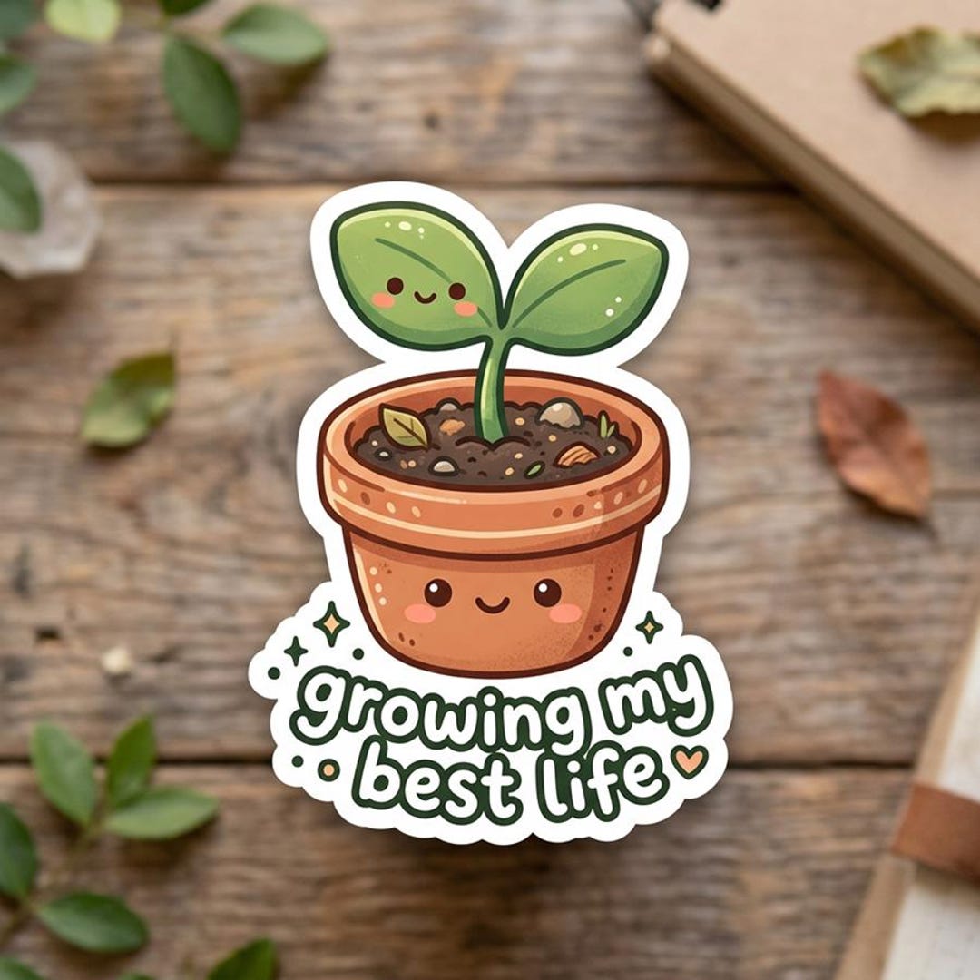 Sticker Pot Life Kawaii Plant Pot 'growing My Best Life' Sticker | Kiss-cut Sticker ...