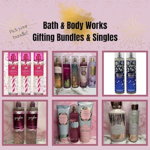 May include: A collage of Bath & Body Works products, including body sprays, lotions, and body wash. The image features various scents like "Dream Bright," "Sweetest Song," and "Champagne Toast." Text reads "Bath & Body Works Gifting Bundles & Singles."