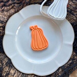 May include: An orange pumpkin-shaped biscuit cutter and a pumpkin-shaped biscuit on a white plate. The biscuit cutter is white and the biscuit is orange. The plate has a scalloped edge. The background includes a black net and tan fabric.
