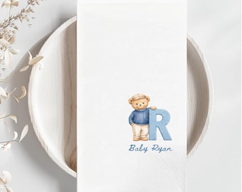 Personalized Teddy Bear Baby Shower Napkins, Custom Initial Napkins, Elegant Cocktail Beverage Napkins, Baby Shower Guest Towels Favor