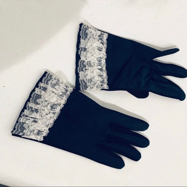 FRENCH NAVY Vintage Blue & Black Sunday Best Gloves w/White Lace Trim Sz S