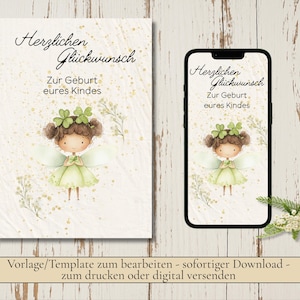Grußkarte Glückwunsch zur Geburt, kleine Fee personalisierbar Canva Geburt Mädchen Junge Natur Magie Wald Eltern Elfe Kleeblatt