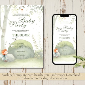 Carte d'invitation magique baby shower party, baby shower, personnalisable avec Canva naissance garçon fille neutre nature magie fée forêt parents