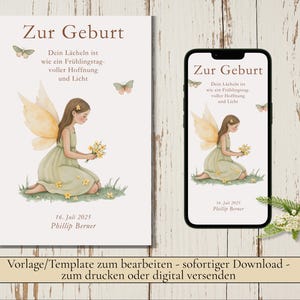 Grußkarte Glückwunsch zur Geburt, kleine Fee pastell personalisierbar Canva Geburt Mädchen Junge Natur Magie Wald Eltern Elfe Schmetterling