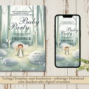 Carte d'invitation magique baby shower party, baby shower, personnalisable avec Canva naissance garçon fille neutre nature magie fée forêt parents