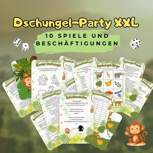 Może przedstawiać: Zestaw kart do gry o tematyce dżungli z tekstem "Dschungel-Party XXL" i "10 Spiele und Beschäftigungen". Karty zawierają ilustracje małp, leniwców i innych zwierząt z dżungli, a także kości do gry.