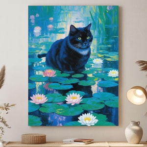 モネの睡蓮の猫のプリント、黒猫のアート、花柄プリント、面白い猫のプリント、面白いギフト、室内装飾ポスター、クロード・モネの猫のポスター