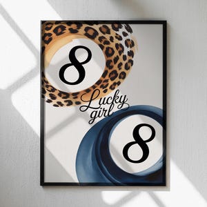 Lucky Girl Poster, Billiard Poster ,navy blue cheetah , wall decor, Lucky 8 ball poster