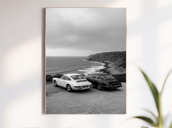 Black and White Porsche Poster, Vintage Car Poster, Coastal Drive Photo Print, Classic 911 Art, Minimalist Automotive Decor for Men