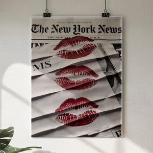 Trendy Newspaper Print, Black White Retro Poster, Preppy Aesthetic Home Decor, Dorm Room Art, Red Kiss Lips Wall Art, Girly Bar Cart Decor