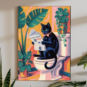 Schwarze Katze auf Toilette, Badezimmer Wandkunst, Matisse Poster, Pink und Grün Badezimmer, Badezimmer Kunst, Lustiges Badezimmer Dekor, Rosa tropisches Dekor