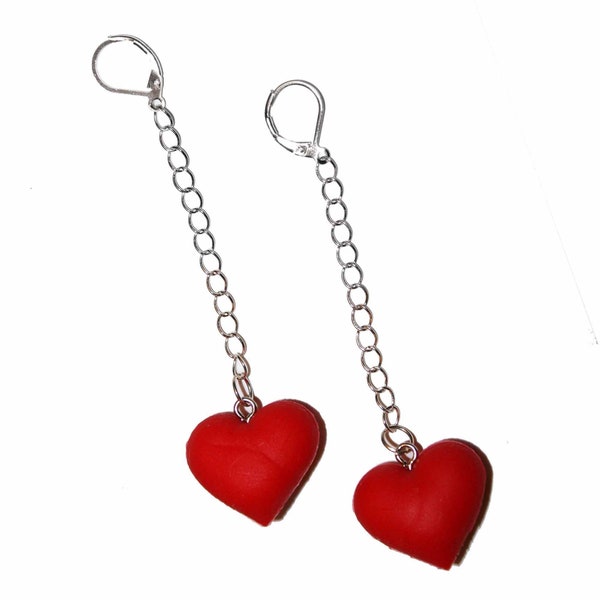 Big Red Hear Chain Earrings - Chained heart earrings red earrings big earrings cute red kitsch earrings love earrings