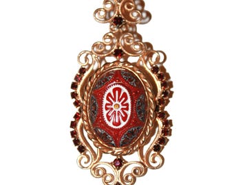 Vintage 60s French Revival Brooch - micro mosaic gold stone ruby costume brooch filagree