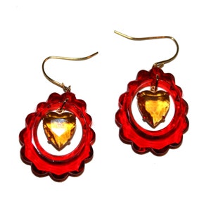 Scalloped Heart Earrings - red yellow heart crystal red yellow heart gold baroque Victorian earrings gothic