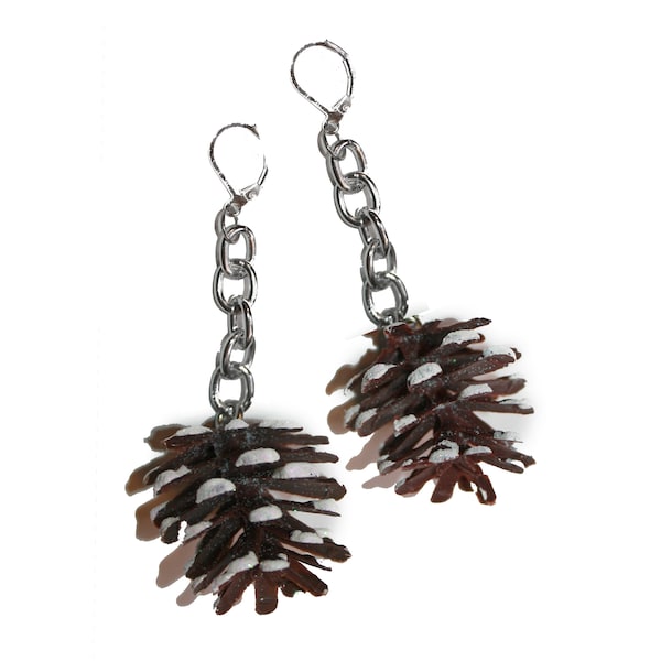Cottage Core Frosted Pinecone Earrings - chunky chain pinecone nature earrings cottage core elf nymph cosplay