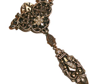 Vintage 60s Victorian Revival Brooch - filagree brass brooch pearls costume moving articulated antique style pin