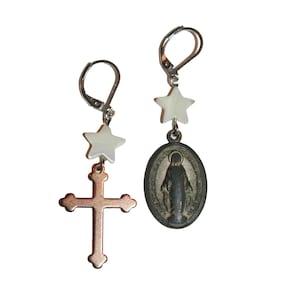 Vintage Catholic Cross Charm Earrings - Catholic metal vintage style rosary cross earrings rosary Catholicism Jesus cross rosary Virgin Mary