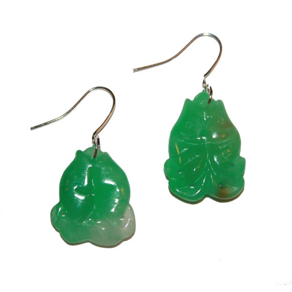 Boucles D'oreilles Anciennes - Poissons Sculptés Jade & Argent - Rare - Pendantes Dormeuses