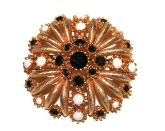Vintage Gold SPHINX Flower Brooch - large brooch pin antique vintage art deco floral rhinestone costume