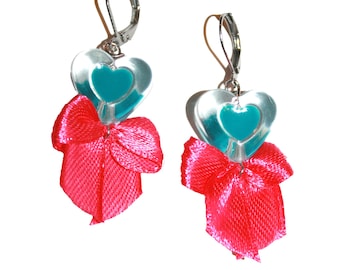 Jelly Heart and Bow Earrings - super cute kawaii gem drop earrings jelly hearts satin bows