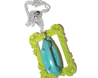 Vintage Phone and Green Frame Necklace - vintage kitsch baroque frame