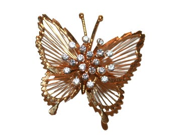 Vintage Gold and Rhinestone Butterfly Brooch - unique artsy butterfly jewelry butterfly wonderland collector 70s vintage realistic butterfly
