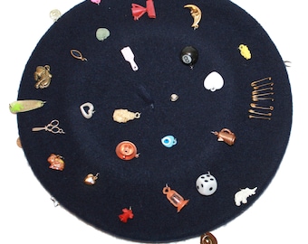 The Collector's Beret - antique charms vintage charms celluloid cracker jack charm collection handmade beret antique inspired