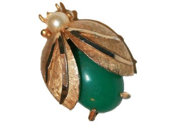Vintage BSK Beetle Brooch - bug pin bug brooch vintage gold green pearl costume