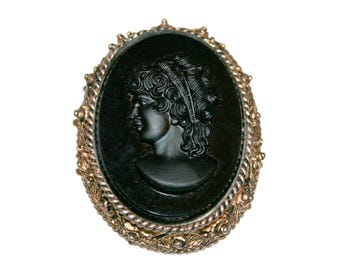 Antique Style Mourning Cameo Brooch - black cameo brooch large vintage antique pin