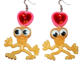Yellow Lil' Guy Earrings with Gem Hearts - - Alien googely eye earrings googly eye funny earrings chunky heart funny dude